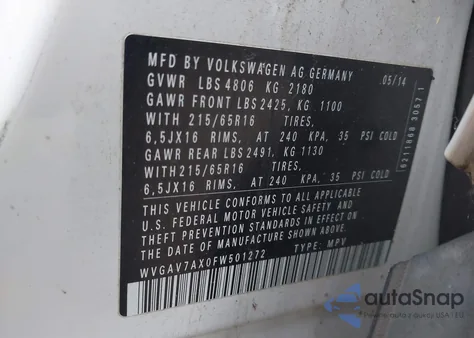 2015 Volkswagen Tiguan S from USA, damaged, VIN WVGAV7AX0FW501272